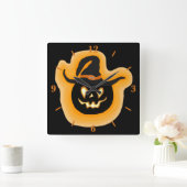 Glowing Pumpkin Witch On Black Square Wall Clock スクエア壁時計 (ホーム)