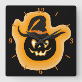 Glowing Pumpkin Witch On Black Square Wall Clock スクエア壁時計