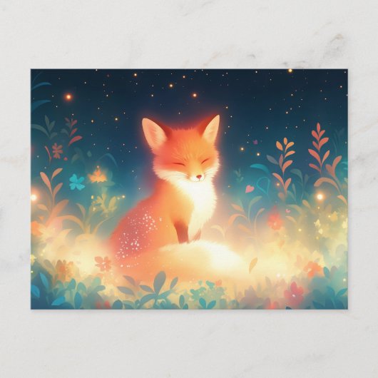 Glowing Red Fox in Magical Night Meadow ポストカード (正面)