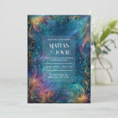 Glowing Teal Purple Celestial Swirl Wedding 招待状 (スタンド正面)