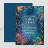 Glowing Teal Purple Celestial Swirl Wedding 招待状 (正面/裏面)