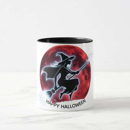 Glowing Witch Flying Over Red Moon Halloween Mug マグカップ (中央)