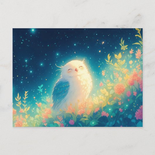 Glowy White Owl in Starry Night Meadow ポストカード (正面)