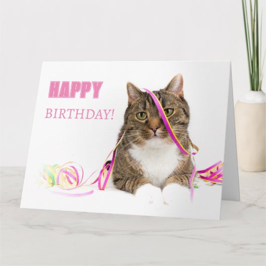 Glückwunschkarte Katze mit Luftschlangen カード (正面)