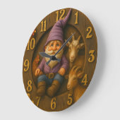 Gnome and Farm Animals in Cozy Garden Scene ラージ壁時計 (傾斜)