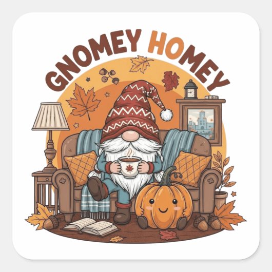 Gnome at home seasonal pumpkin design スクエアシール (正面)