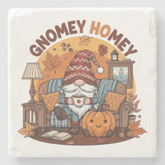 Gnome at home seasonal pumpkin design ストーンコースター (正面)
