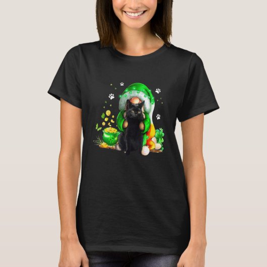 Gnome Black Cat Shamrock St Patricks Day Kitten Gi Tシャツ (正面)
