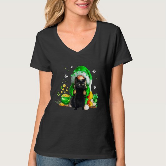 Gnome Black Cat Shamrock St Patricks Day Kitten Gi Tシャツ (正面)