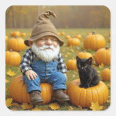 Gnome Farmer and Black Kitten On Pumpkins スクエアシール (正面)
