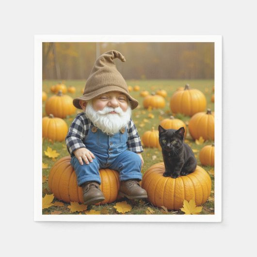 Gnome Farmer and Black Kitten On Pumpkins スタンダードカクテルナプキン (正面)
