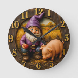 Gnome Feeding Pig in Autumn Farm Scene ラウンド壁時計