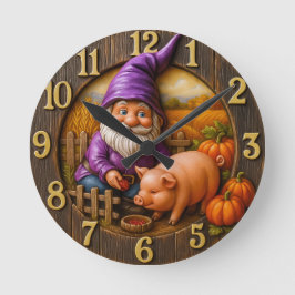 Gnome Feeding Pig in Autumn Farm Scene Clock ラウンド壁時計