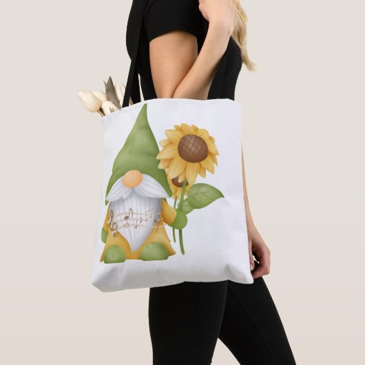 Gnome Holding a Sunflower and Notes on a Tote Bag トートバッグ (クローズアップ)