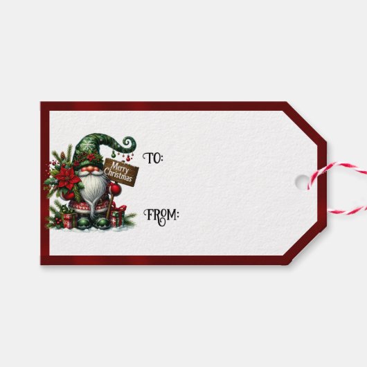 Gnome Merry Christmas & Red Borders ギフトタグ (正面(横))