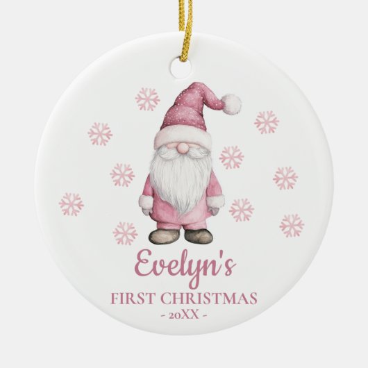 Gnome Personalized Girl's First Christmas セラミックオーナメント (正面)