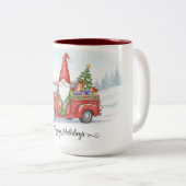 Gnome Red Truck Christmas Mug, Happy Holidays Cup ツートーンマグカップ (正面右)