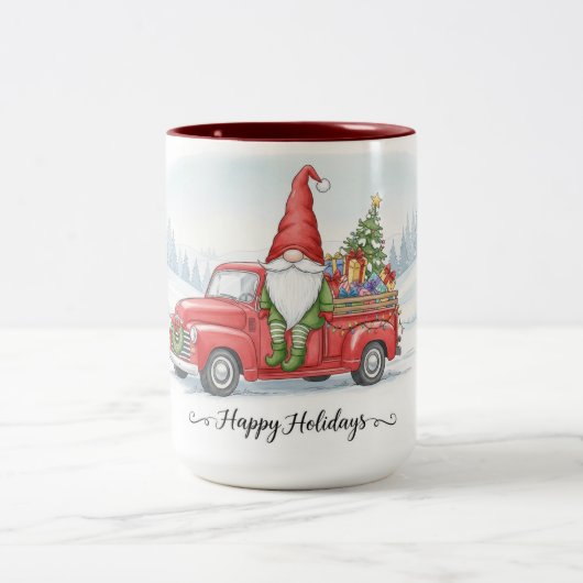 Gnome Red Truck Christmas Mug, Happy Holidays Cup ツートーンマグカップ (中央)