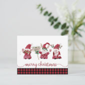 Gnome Reindeer Watercolor Buffalo Plaid Christmas シーズンポストカード (スタンド正面)