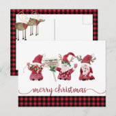 Gnome Reindeer Watercolor Buffalo Plaid Christmas シーズンポストカード (正面/裏面)