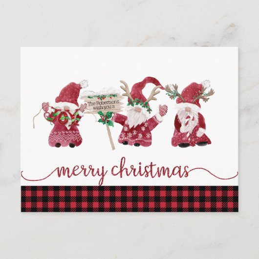 Gnome Reindeer Watercolor Buffalo Plaid Christmas シーズンポストカード (正面)