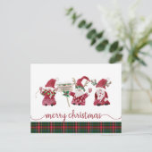 Gnome Reindeer Watercolor Classic Plaid Christmas シーズンポストカード (スタンド正面)
