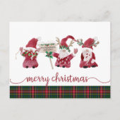 Gnome Reindeer Watercolor Classic Plaid Christmas シーズンポストカード (正面)
