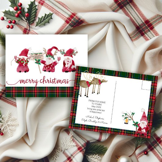 Gnome Reindeer Watercolor Classic Plaid Christmas シーズンポストカード