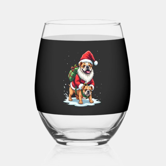 Gnome Riding English Bulldog Christmas Xmas Boys G ステムなしワイングラス (正面)