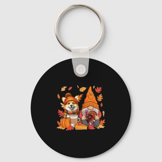 Gnome Turkey Corgi Thanksgiving Fall Leaves Pumpki キーホルダー (正面)
