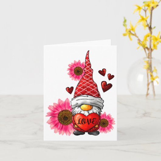 Gnome Valentines Day Cute Gnome Heart Leopard Sunf カード (黄色い花)