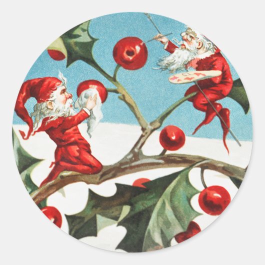 Gnomes painting holly berries in the snow ラウンドシール (正面)