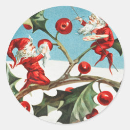 Gnomes painting holly berries in the snow ラウンドシール
