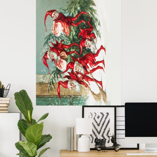 Gnomes sweeping snow with a broom ポスター (ホームオフィス)