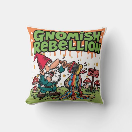 "Gnomish Rebellion" Funny Mischievous Garden Gnome クッション (正面)