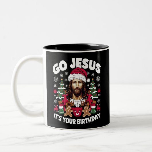 Go Jesusあなたの誕生日の醜いクリスマスセーター ツートーンマグカップ (左)