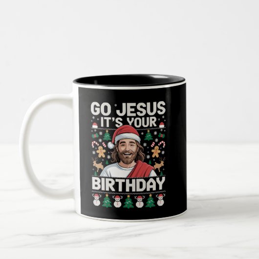 Go Jesusあなたの誕生日の醜いクリスマスセーター ツートーンマグカップ (左)