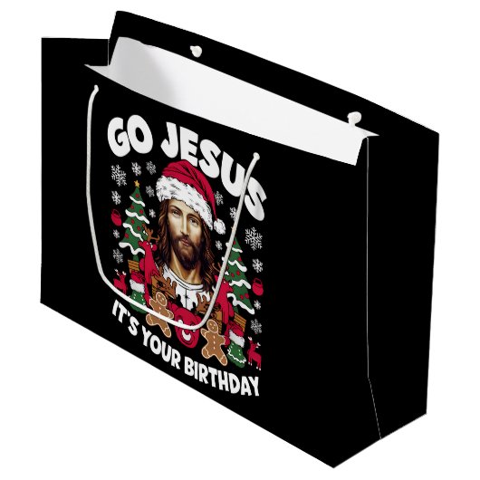 Go Jesusあなたの誕生日の醜いクリスマスセーター ラージペーパーバッグ (正面アングル)