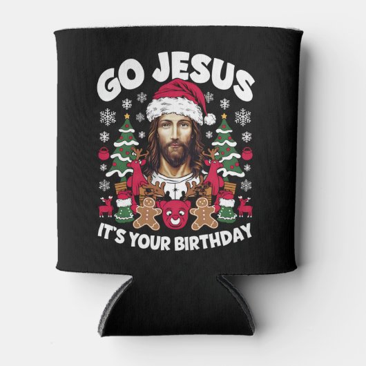 Go Jesusあなたの誕生日の醜いクリスマスセーター 缶クーラー (正面)