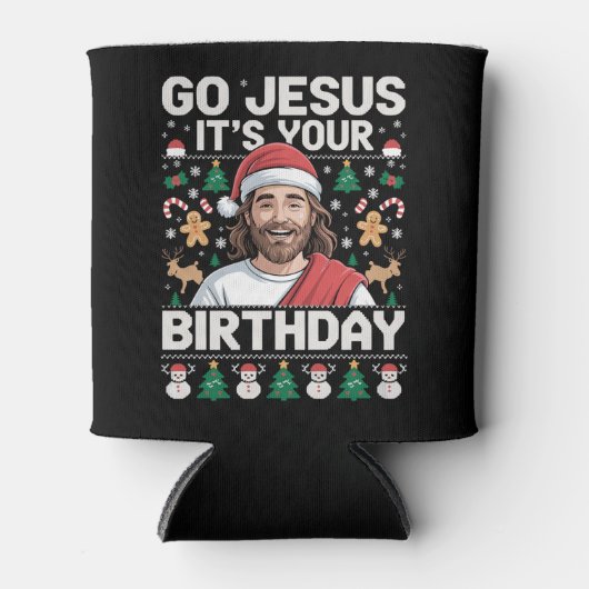 Go Jesusあなたの誕生日の醜いクリスマスセーター 缶クーラー (正面)