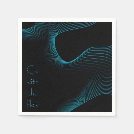 "Go with the Flow" Modern Black & Blue Wavy Lines スタンダードカクテルナプキン (正面)
