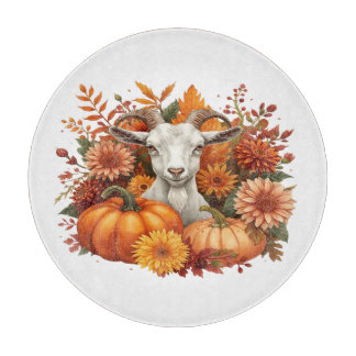 Goat with Autumn Blooms & Pumpkins カッティングボード