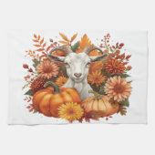Goat with Autumn Blooms & Pumpkins キッチンタオル (横)