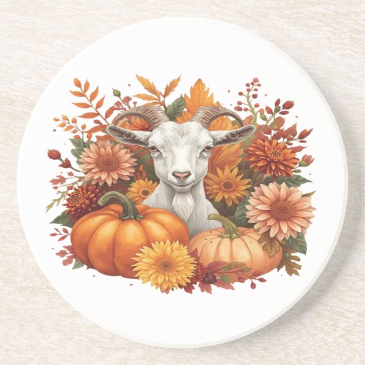 Goat with Autumn Blooms & Pumpkins コースター (正面)