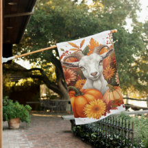 Goat with Autumn Blooms & Pumpkins
