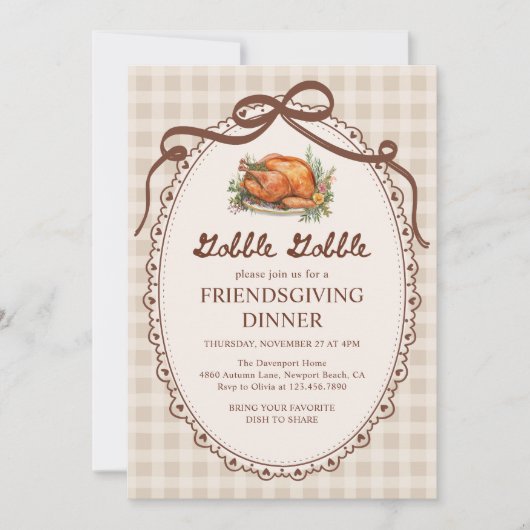 Gobble Gobble Turkey Gingham Friendsgiving Dinner 招待状 (正面)