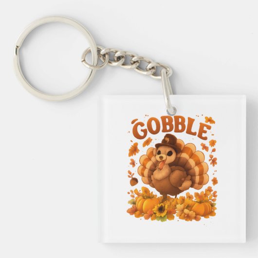 Gobble Turkey Cute Thanksgiving Fall Quote キーホルダー (正面)