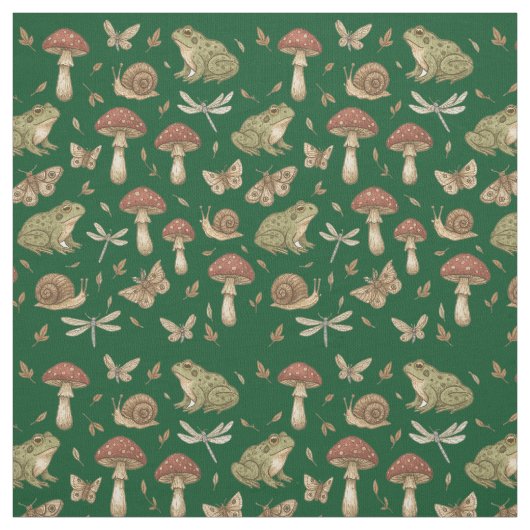 Goblincore Mushroom Frog Snail Dragonfly Pattern ファブリック (見本)