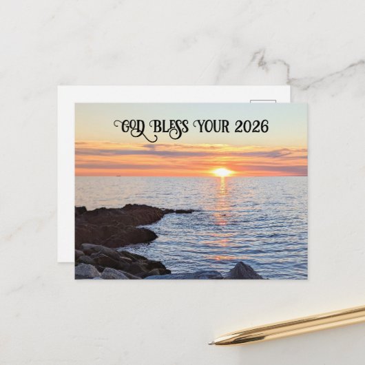 God Bless 2026 New Year Golden Sunset Photo シーズンポストカード (正面/裏面インサイチュ)