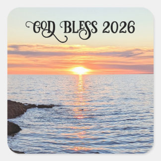 God Bless 2026 New Year Golden Sunset Photo スクエアシール